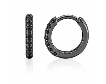 Black Diamond Huggie Hinged 14K Solid Gold & Black Rhodium Hoop Earring Pavé Cuff, 9mm Outer x 6mm Inner Diameter ~ Small Size (Real Gold)