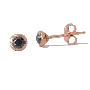 Black Diamond 14K Solid Gold Stud Earring (Round Bezel Set Solitaire 2.5mm Real Black Diamonds){Pair or Single Earring w Push or Screw Back}