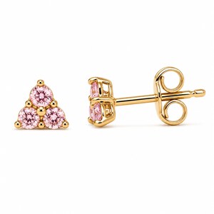 Pink Sapphire 14K Solid Gold Trinity Stud Earrings: Triangle Cluster Real Natural Sapphire Studs; Single or Pair; Push, Screw or Flat Backs