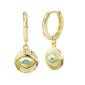 Evil Eye 14K Solid Gold Dangle Charm Huggie Hoop Earrings - Etsy