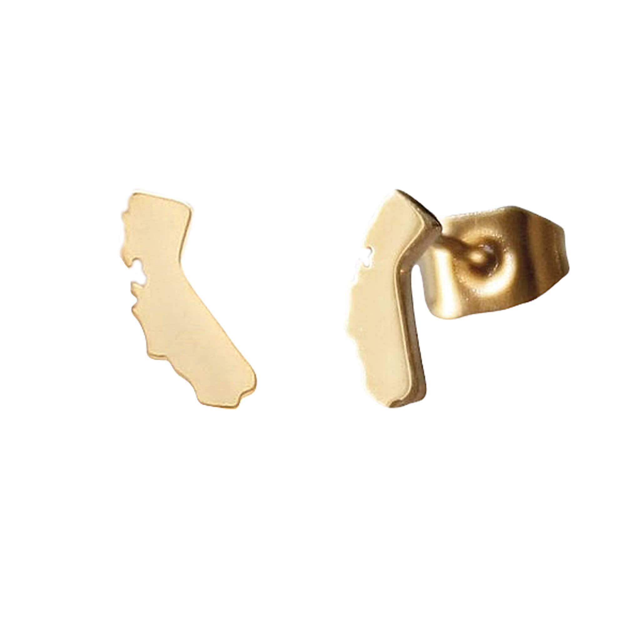 California 14K Solid Gold Stud Earring (Cali Golden State Studs) (Single or Pair of Earrings Push or Screw Back, Yellow, White or Rose Gold)