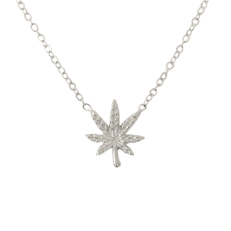 Small Tiny Dainty Boho Cannabis Plant Unisex Charm {Charm Pendant Also Available as Charm Alone} Marijuana 14K Solid Gold Pot Leaf Necklace