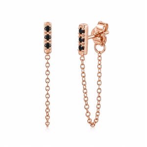 Boucles d'oreilles en or massif 14 carats avec chaîne barrette Black Diamond : Puces d'oreilles style Dainty Pavé naturel véritable diamant noir de l'avant vers l'arrière ; Simple ou Paire