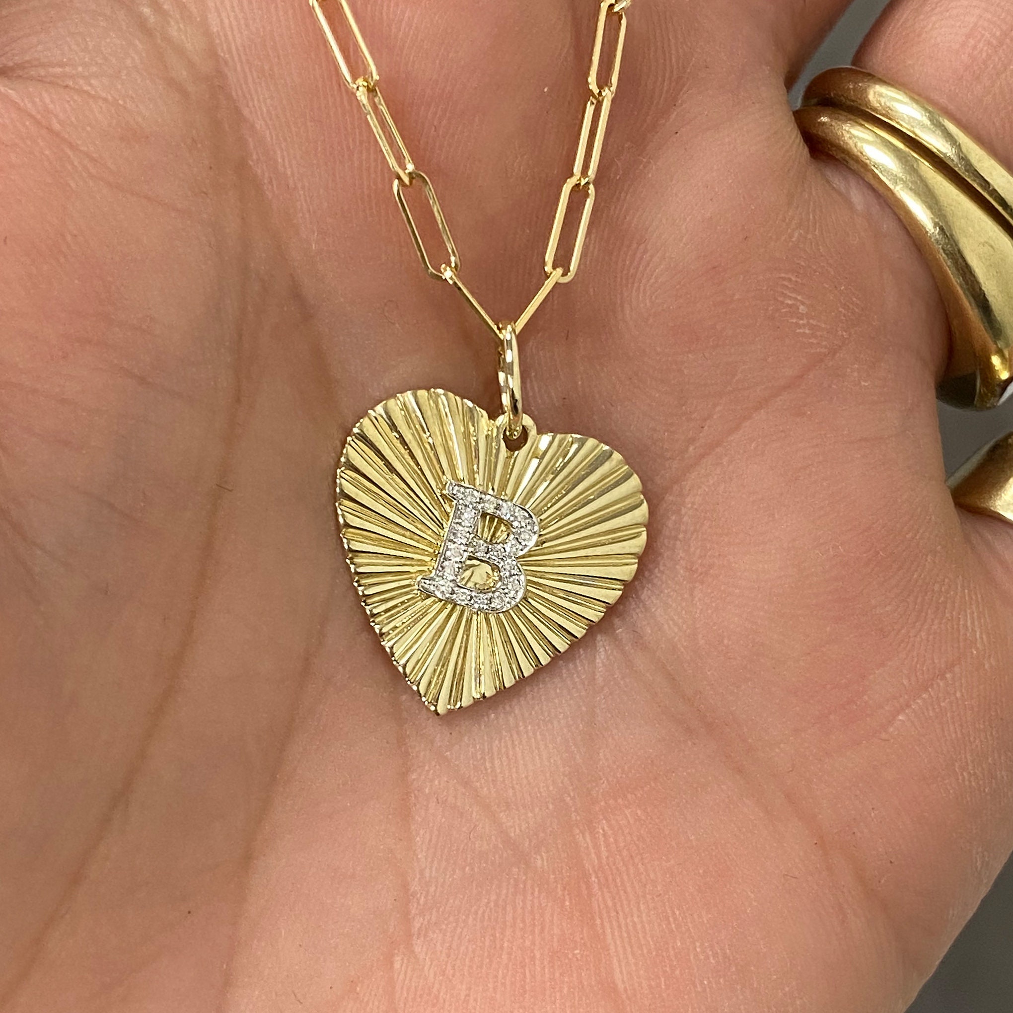 14K Solid Gold Fluted Heart Charm Necklace (Sunbeam Sunburst Style Fluted Detail Heart Pendant with Thin Paperclip Chain or Charm Alone)