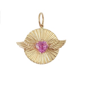 Flying Sapphire Heart 14K Solid Gold Fluted Medallion Charm Pendant (Sunbeam Sunburst Real Charms, Heart in Flight ~ Memorial Gift Ideas)