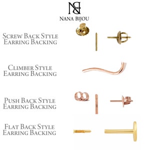 May include: A Nana Bijou informational chart displaying four earring backing types: a gold screw back style with a threaded post, a rose gold curved climber style, a rose gold push back style with a notched post, and a gold flat back style.