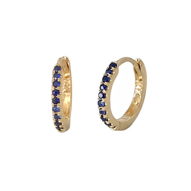 Blue Sapphire 14K Solid Gold Huggie Hinged Pavé Hoop Earring - Etsy