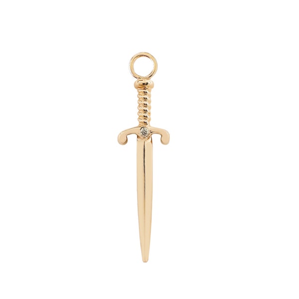 Diamond Dagger Sword 14K Solid Gold Hoop Earring Charm (Dangling Detailed 3D Sword Shaped Dagger Charm Pendant for Huggie Hoop Earrings)