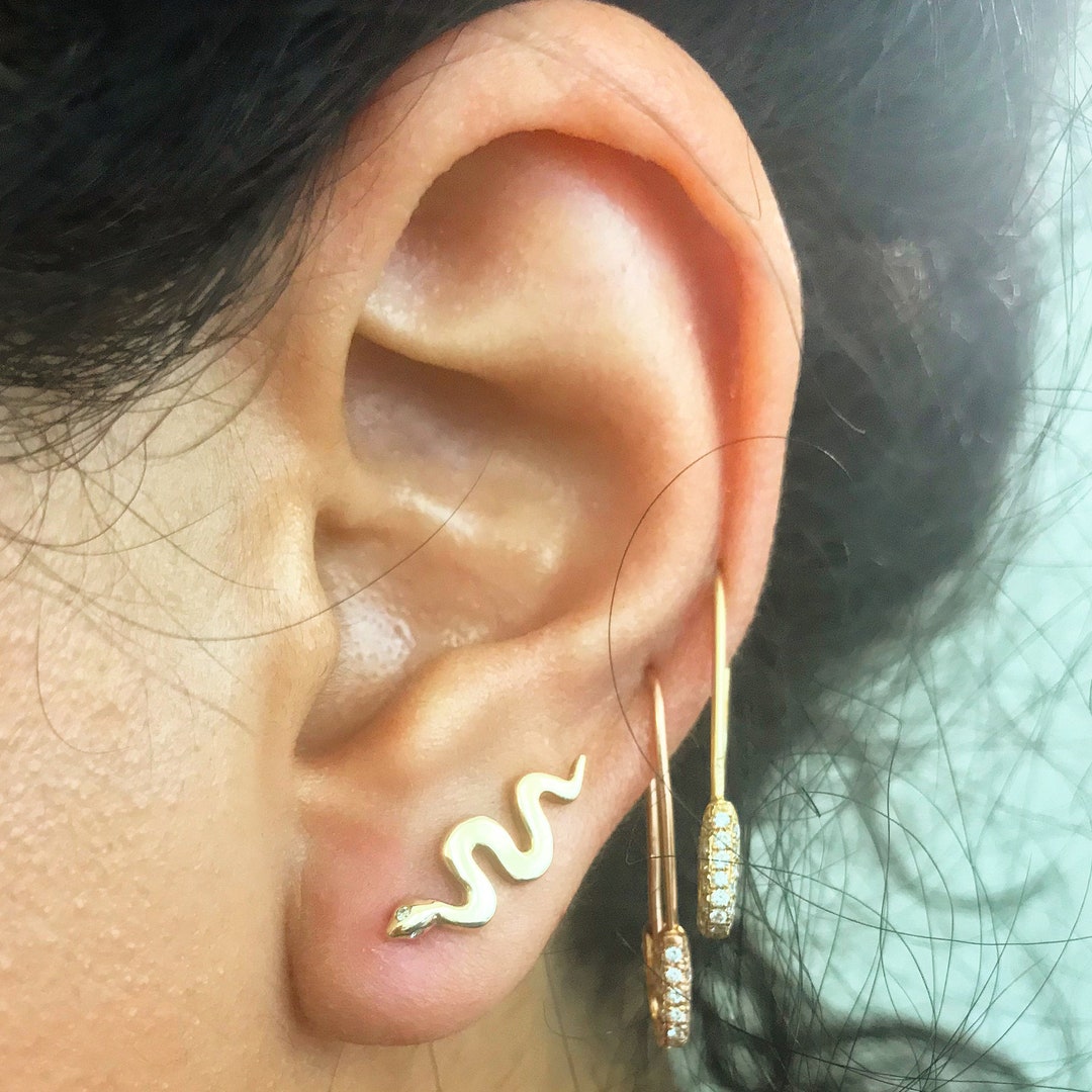 Multiple Backings Snake Stud 14K Solid Gold Earring With Diamond Eyes: Climber Style ...