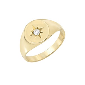 Diamond Signet 14K Solid Gold Ring Classic Round Shaped Unique Star Setting Real Diamond Solitaire Signet Style Ring Heirloom Gift Ideas image 2