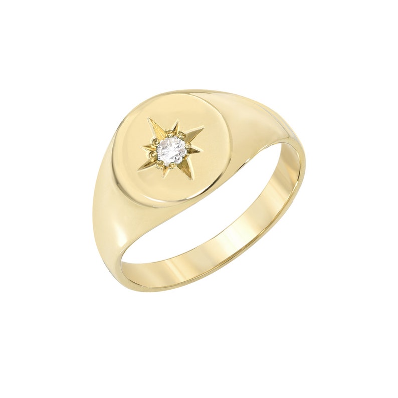 Diamond Signet 14K Solid Gold Ring Classic Round Shaped Unique Star Setting Real Diamond Solitaire Signet Style Ring Heirloom Gift Ideas image 2