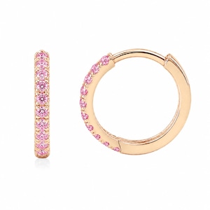 Pendientes de aro Huggie de oro macizo de 14 quilates con zafiro rosa, 12 mm de diámetro exterior x 9,5 mm de diámetro interior ~ Tamaño grande (Piercings con bisagra, pavé, para lóbulo, concha y hélix)