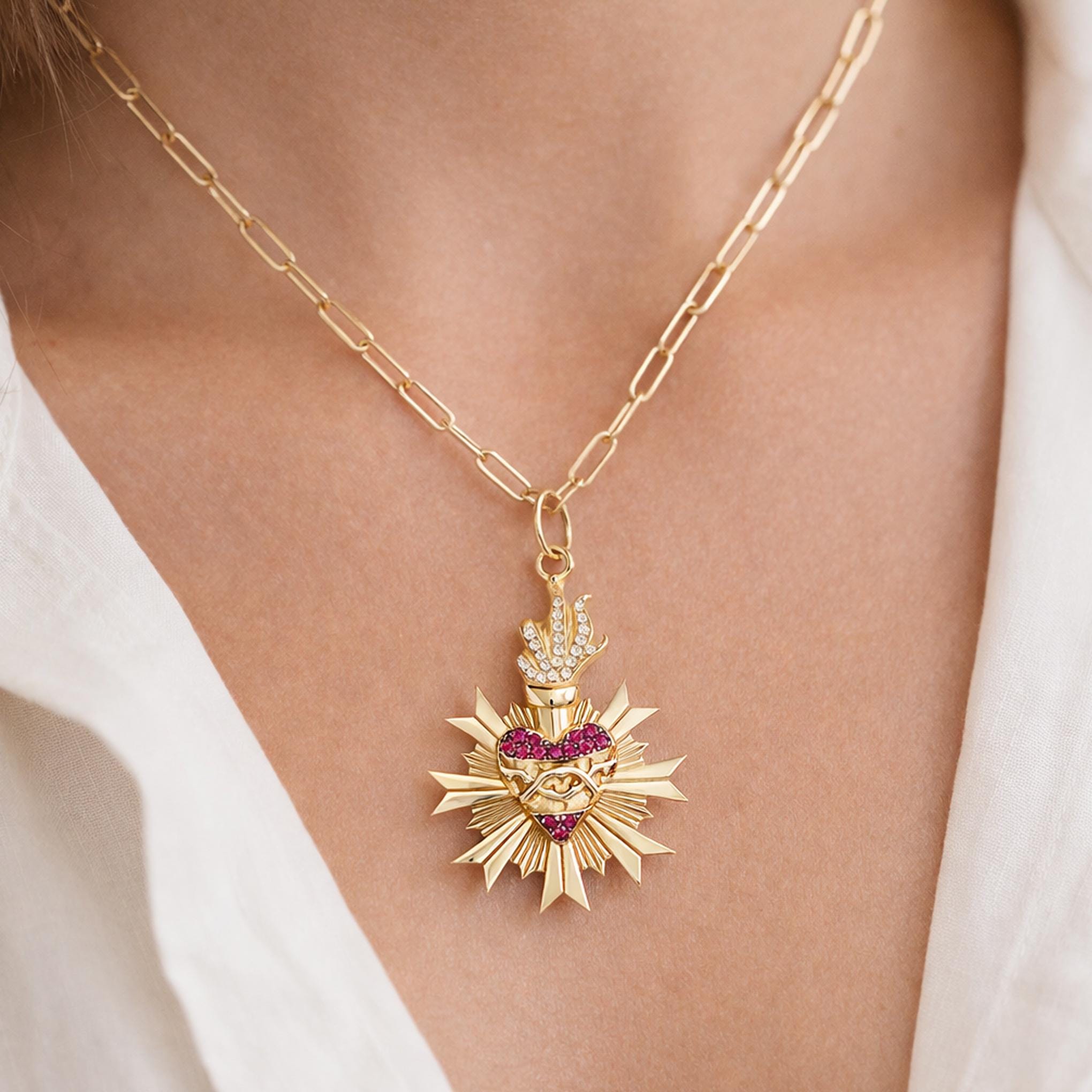 Flaming Sacred Heart 14K Solid Gold Necklace Fluted Charm (sacred 