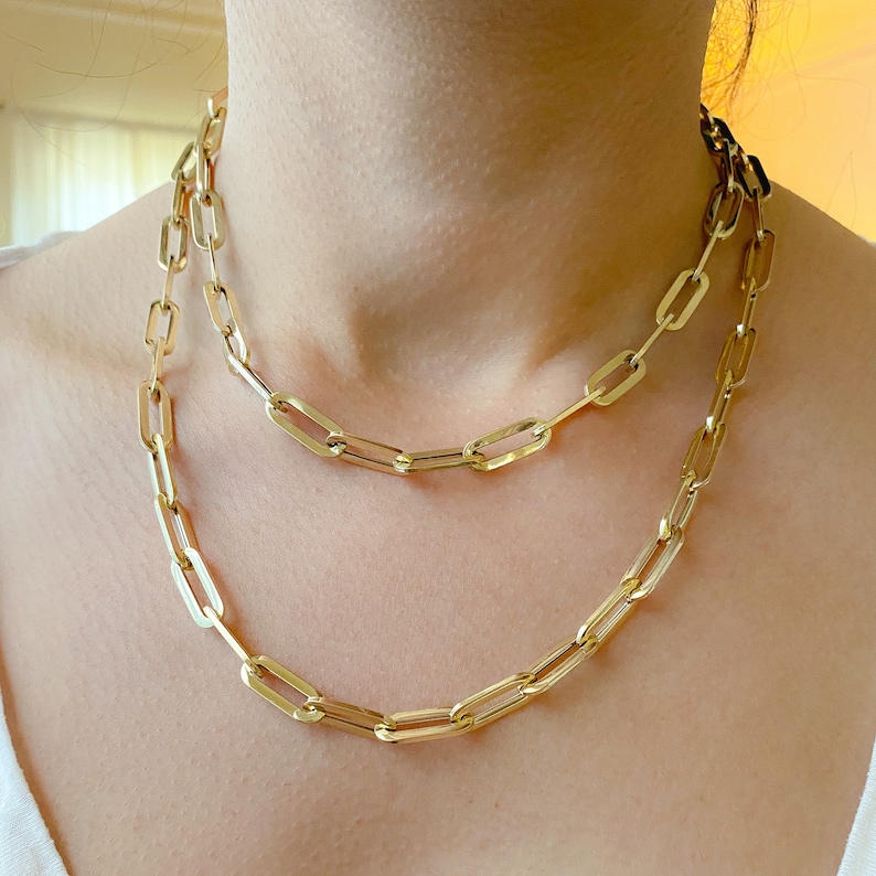 Thick Elongated Flat Oval Link 14K Solid Gold Chain Link Necklace, XL Size (Minimalist Layering Solid Gold Italian Paperclip Style Chain) image 3