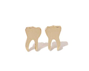 Tooth Earrings 14K Solid Gold Studs {Unique Teeth Molar Shaped 14K Solid Gold Charm}(Single or Pair of Studs w/ Push or Screw Back Backings)