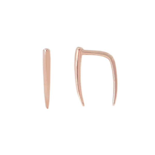 14K Solid Gold Horn Hugger Threader Earrings (Dainty Bar Huggies Earring, Simple Minimalist Ear Crawler Climber){Single or Pair of Earrings}