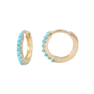 Turquoise 14K Solid Gold Huggie Hinged Hoop Pavé Earring, 9mm Outer x 6mm Inner Diameter ~ Small Size (Cartilage Helix Tragus Piercing Cuff)