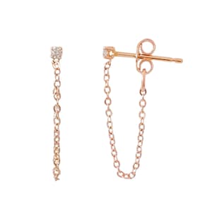 Diamond 14K Solid Gold Dangle Chain Stud Earring (Dainty Real Diamond Minimalist Front to Back Style Stud ~ Single or Pair of Earrings}