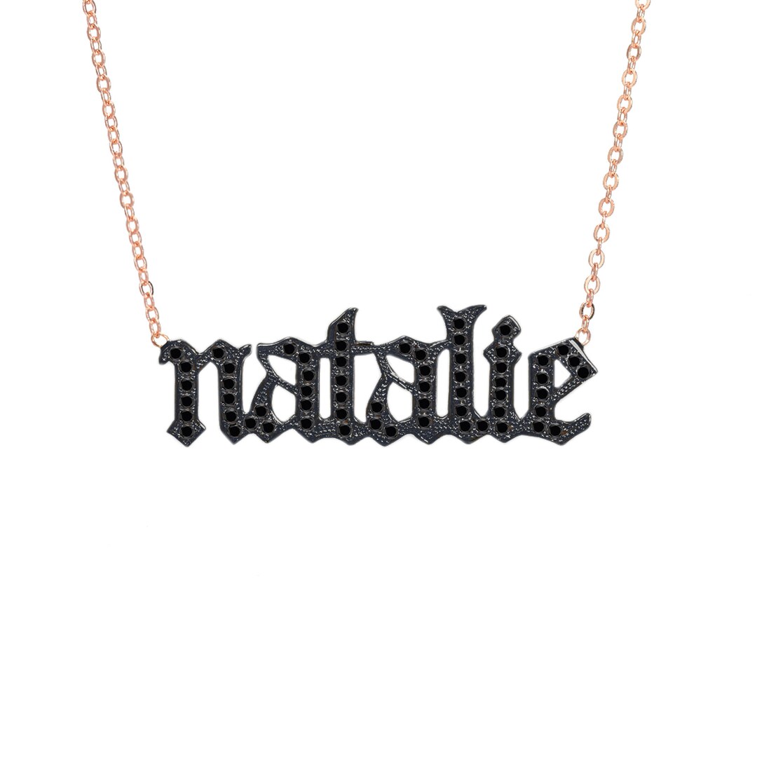 Old English Black Diamond Nameplate 14K Solid Gold Necklace pavé Name
