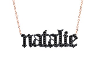 Old English Black Diamond Nameplate 14K Solid Gold Necklace (Pavé Name Custom Script Font Pendant Charm Personalized Names Words or Phrases)