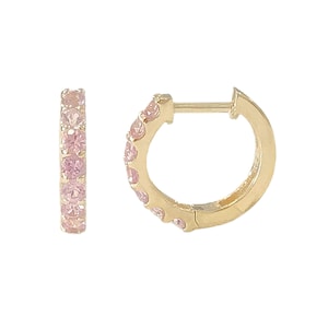 Roze saffier 14 kt massief gouden dikke knuffeloorbellen, 11,5 mm buiten x 8,25 mm binnendiameter (scharnierende pavé natuurlijke poederroze saffieren)