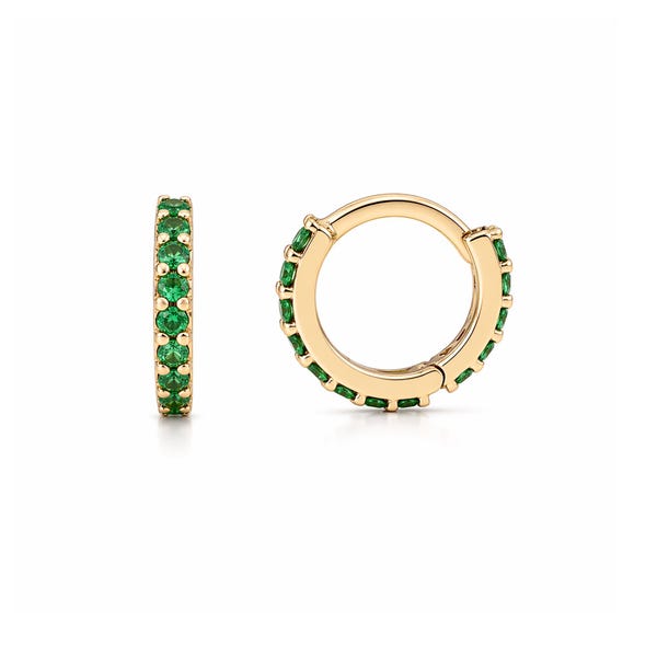 Orecchino a cerchio Huggie in oro massiccio 14K con smeraldo, diametro esterno 8 mm x diametro interno 6 mm ~ taglia XS (piercing per elica con cartilagine e cerniera pavé)