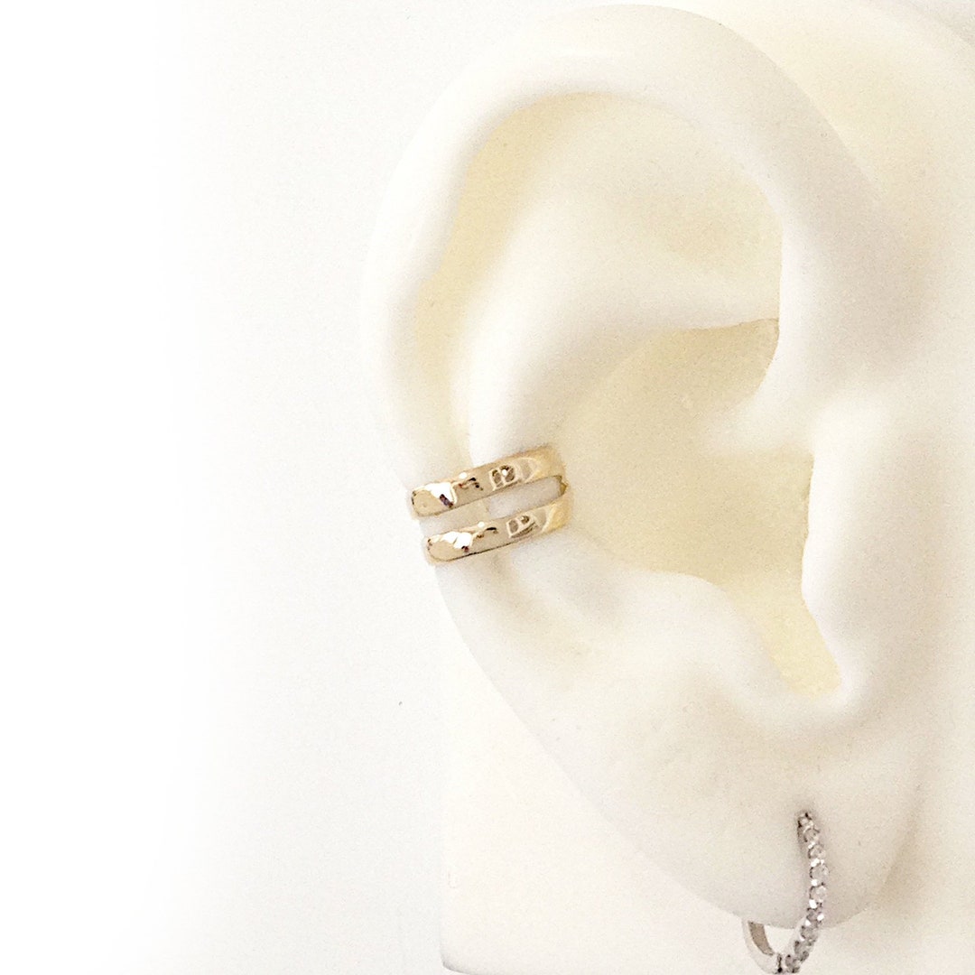 14K Solid Gold Double Hoop Ear Cuff Earring round Faux Conch or Helix Piercing, Pierceless