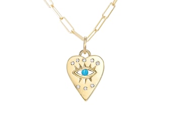 Evil Eye 14K Solid Gold Heart Medallion Charm Necklace (Real Natural 8 Diamond Detail & Turquoise, Ruby or Sapphire Center Dangle Pendant)