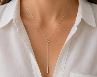 Diamond Lariat 14K Solid Gold Necklace: Natural Real Diamond Pavé "Y" Drop Layering Chain Necklace in Real 14K Yellow, White or Rose Gold