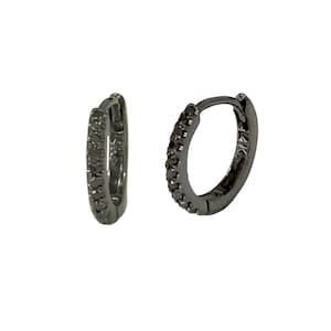 Black Diamond Huggie Hinged 14K Solid Gold & Black Rhodium Hoop Earring Pavé Cuff, 9mm Outer x 6mm Inner Diameter ~ Small Size (Real Gold)