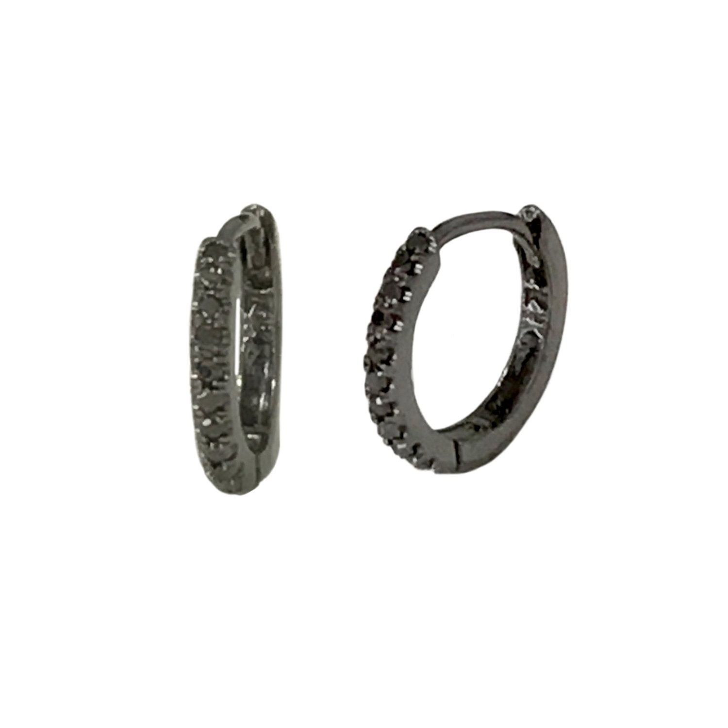 Black Diamond Huggie Hinged 14K Solid Gold & Black Rhodium Hoop Earring Pavé Cuff, 9mm Outer x 6mm Inner Diameter ~ Small Size (Real Gold)