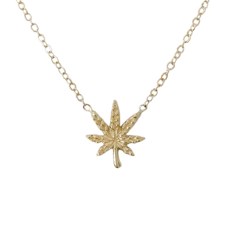 Small Tiny Dainty Boho Cannabis Plant Unisex Charm {Charm Pendant Also Available as Charm Alone} Marijuana 14K Solid Gold Pot Leaf Necklace