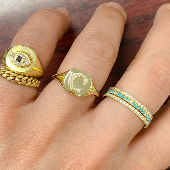 Diamond Initial 14K Solid Gold Signet Ring unique Personalized
