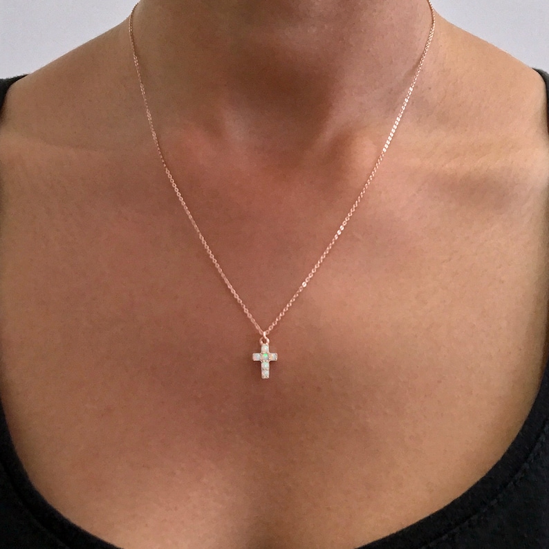 Opal Cross 14K Solid Gold Necklace dainty Small Charm Pendant - Etsy