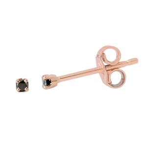 Pendiente solitario de oro macizo de 14 quilates con diamante negro de 1 mm y 4 puntas (uno o dos, con cierre a presión o rosca, diamante real de origen responsable)