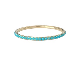Turquoise Gemstone Full Micro Pavé 14K Solid Gold Eternity Band Ring (Real Turquoise Gemstones Stackable Dainty Stacking Band Stack Ring)