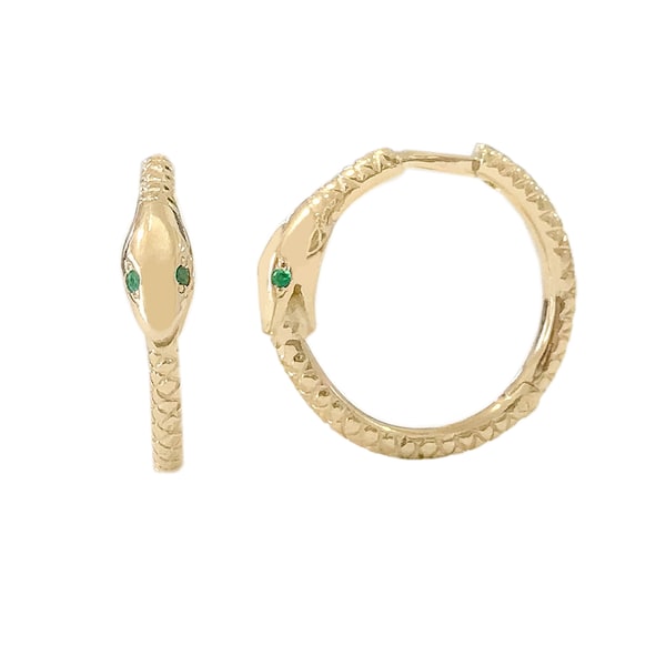 Snake 14K Solid Gold Huggie Hoop Earrings, Large Size (Real 14K Gold Snake with Diamond or Emerald Eyes, Round Hinged Hoop, Single or Pair)