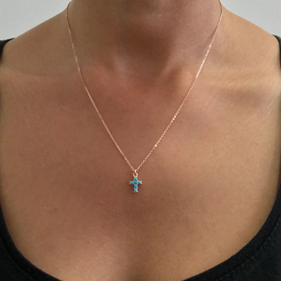 Turquoise Cross 14K Solid Gold Necklace pave Small Dainty Unique Real Turquoise Gemstone Cross Charm Pendant Also Available Without Chain Etsy