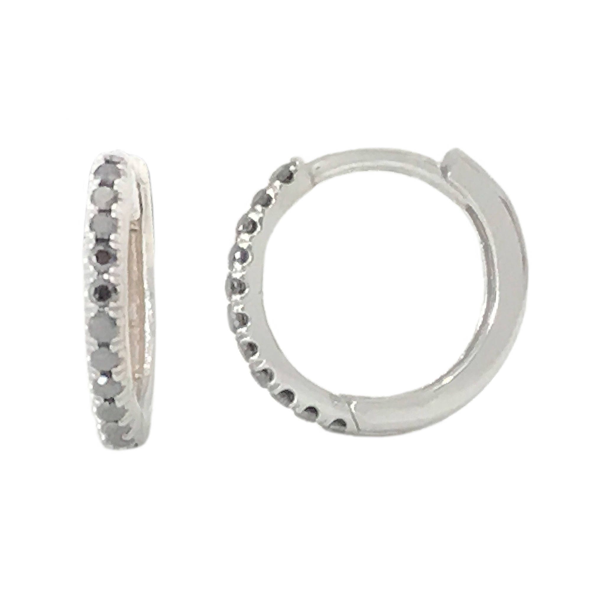 14K Solid Gold Black Diamond Huggie Hoop Earring Large Size 12mm x 9.5mm Inner Diameter Hinged Pave Hoop for Ear Piercings Ready to Ship
