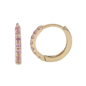 Pink Sapphire 14K Solid Gold Huggie Hoop Earring, 10mm Outer x 7.5mm Inner Diameter (Pavé Hinged Hoop Earlobe, 2nd Hole & Helix Piercings)