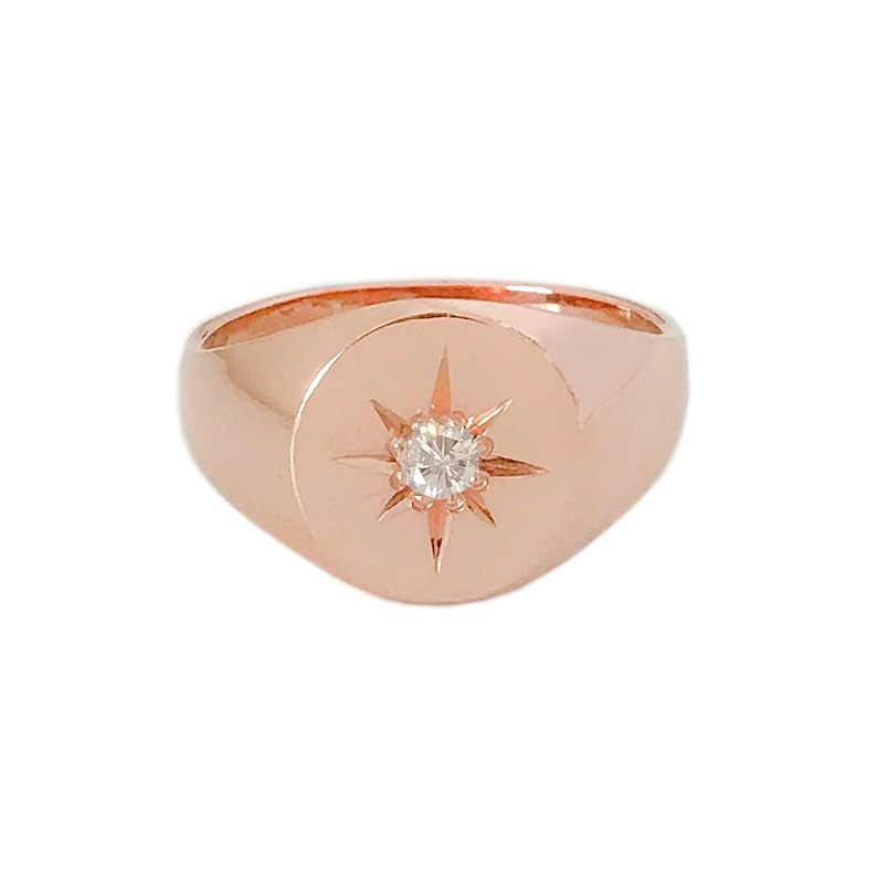 Diamond Signet 14K Solid Gold Ring Classic Round Shaped Unique Star Setting Real Diamond Solitaire Signet Style Ring Heirloom Gift Ideas 14K Rose Gold