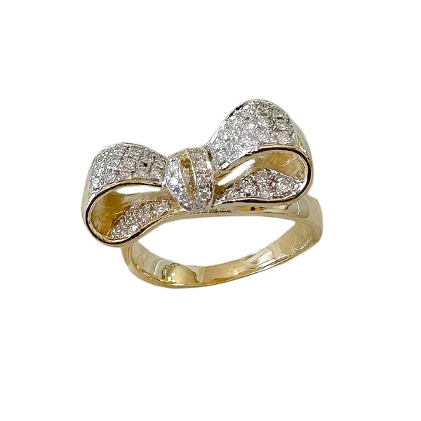 Diamond Bow 14K Solid Gold Ring (Real Diamond Pave Bowtie Bows Ribbon Shaped Band Statement Rings)