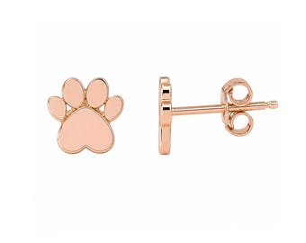 14 kt massief gouden oorstekers met pootafdruk: cadeau hondenliefhebber, beschikbaar voor gepersonaliseerde gravure; Duw, schroef of platte achterkant; Enkele of paar: