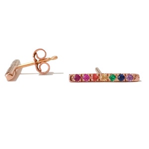 Rainbow Gemstone Pavé Rectangle Bar 14K Solid Gold Stud Earrings, Large Size (Colorful Real Gemstones, Single or Pair w Push or Screw Backs)