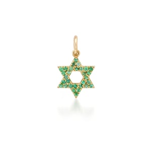 Emerald Star of David Charm 14K Solid Gold Pendant, XS sz (Detailed Real Natural Emerald Unique Jewish Magen Star Sign Symbol Charm Pendant)