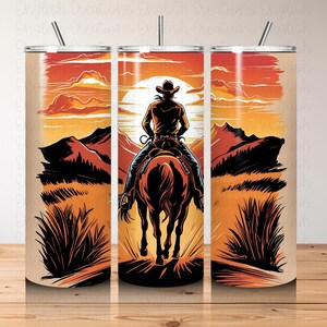 Cowboy Sunset Tumbler Wrap PNG – 20 oz Western Rodeo Sublimation Design | Digital Download
