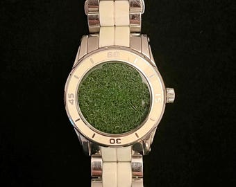 Moss Art Wristwatch: Upcycled Fossil Relic Watch for Nature Lovers
