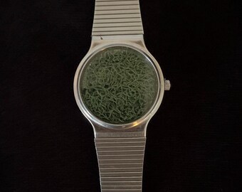 Moss Art Wristwatch: Upcycled Vintage Silver Watch for Nature Lovers