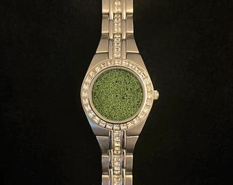 Moss Art Wristwatch: Upcycled Fossil Relic Watch for Nature Lovers