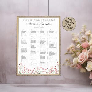 Pink Wildflower Seating Chart Template Canva, Alphabetical Wedding Seating Sign, Watercolor Floral Last Name Table Assignment Poster DIY